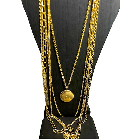 Long Multi Strand Gold Necklace with Locket Five Gold Tone Chains and Locket - Picture 6 of 12
